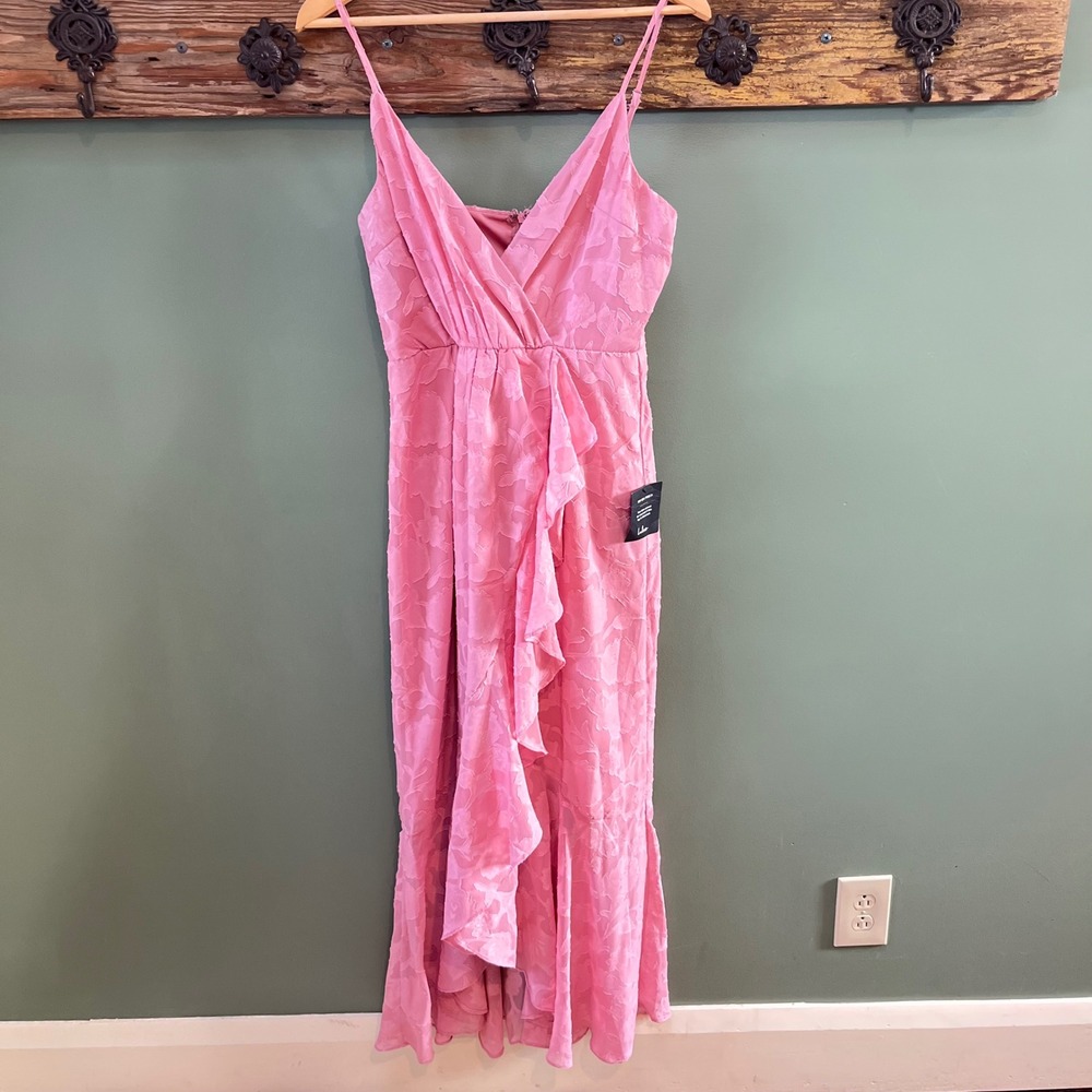 Lulus Pink Floral Texturedโ Ruffle Wrap Midi Dress Spaghetti Straps